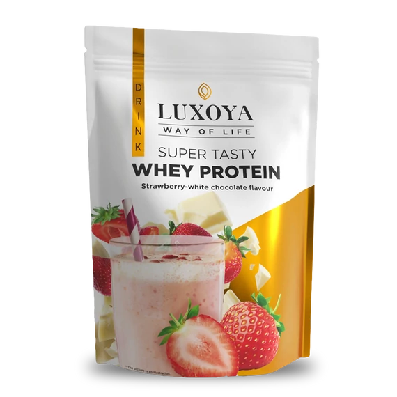 Whey Protein - Tejsavó fehérje italpor 450g DOY - Eper-Fehér csokoládé ízű Liofilizált eper darabokkal